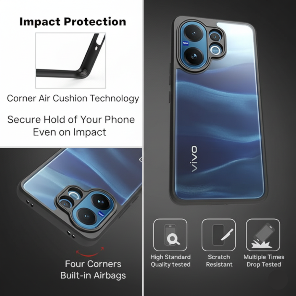 Vivo V60 5G / Vivo T4 Pro 5G Hybrid Armor Shockproof Back Cover | Transparent Hard Case with Black TPU Bumper | Slim Protective Case
